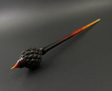 Load image into Gallery viewer, Dragon egg bead spindle in African blackwood and hand dyed curly maple