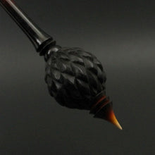 Load image into Gallery viewer, Dragon egg bead spindle in African blackwood and hand dyed curly maple