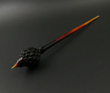Load image into Gallery viewer, Dragon egg bead spindle in African blackwood and hand dyed curly maple