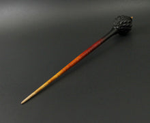 Load image into Gallery viewer, Dragon egg bead spindle in African blackwood and hand dyed curly maple