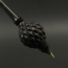 Load image into Gallery viewer, Dragon egg bead spindle in African blackwood and hand dyed curly maple