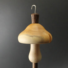Load image into Gallery viewer, Mushroom drop spindle in yew, curly maple, and walnut