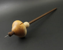 Load image into Gallery viewer, Mushroom drop spindle in yew, curly maple, and walnut