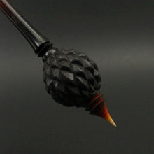 Load image into Gallery viewer, Dragon egg bead spindle in African blackwood and hand dyed curly maple