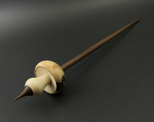 Mushroom support spindle in box elder burl, holly, and walnut