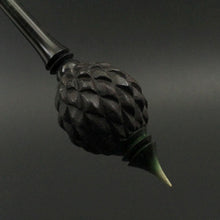 Load image into Gallery viewer, Dragon egg bead spindle in African blackwood and hand dyed curly maple