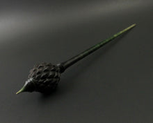 Load image into Gallery viewer, Dragon egg bead spindle in African blackwood and hand dyed curly maple