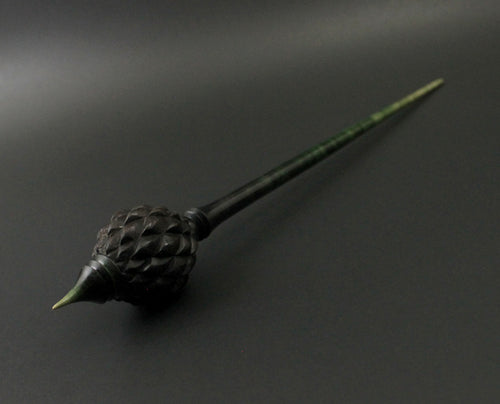 Dragon egg bead spindle in African blackwood and hand dyed curly maple