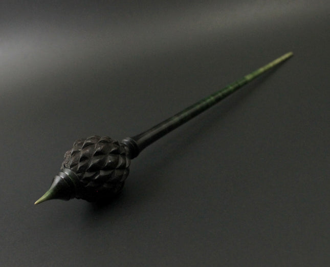 Dragon egg bead spindle in African blackwood and hand dyed curly maple