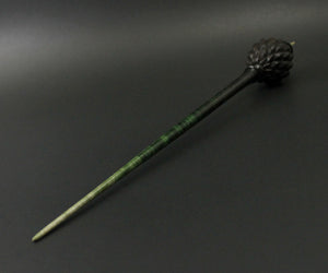 Dragon egg bead spindle in African blackwood and hand dyed curly maple