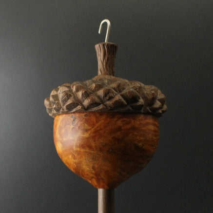 Acorn drop spindle in hand dyed maple burl and walnut