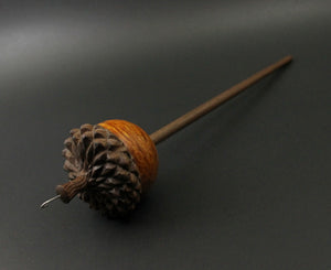 Acorn drop spindle in hand dyed maple burl and walnut