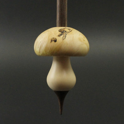 Mushroom support spindle in box elder burl, holly, and walnut