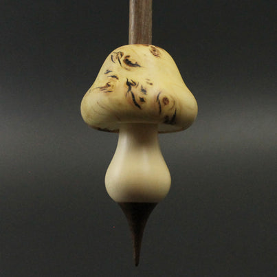 Mushroom support spindle in elm burl, holly, and walnut