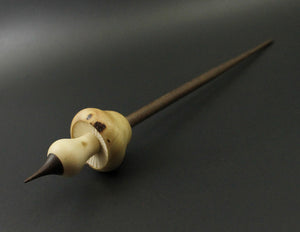 Mushroom support spindle in elm burl, holly, and walnut