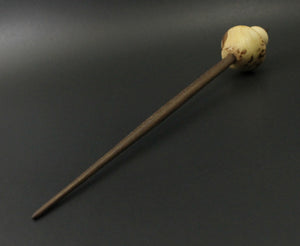 Mushroom support spindle in elm burl, holly, and walnut