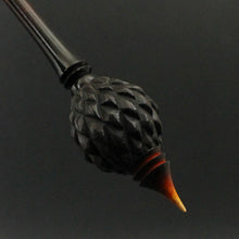 Load image into Gallery viewer, Dragon egg bead spindle in African blackwood and hand dyed curly maple