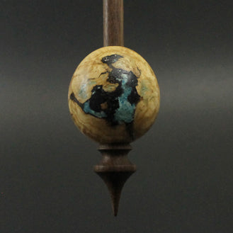Egg bead spindle in maple burl and walnut with turquoise inlay (<font color=