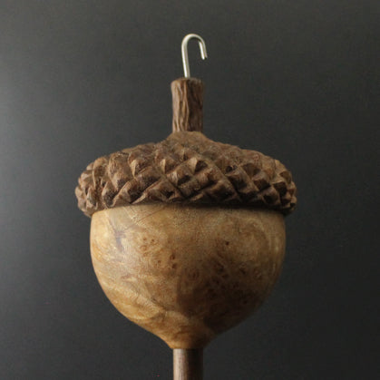 Acorn drop spindle in maple burl and walnut