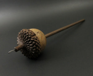 Acorn drop spindle in maple burl and walnut