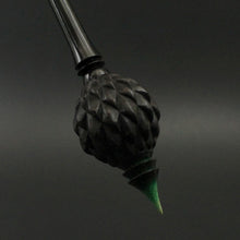Load image into Gallery viewer, Dragon egg bead spindle in African blackwood and hand dyed curly maple (&lt;font color=&quot;red&quot;&lt;b&gt;RESERVED&lt;/b&gt;&lt;/font&gt; for Lovina)