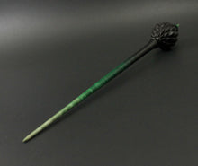 Load image into Gallery viewer, Dragon egg bead spindle in African blackwood and hand dyed curly maple (&lt;font color=&quot;red&quot;&lt;b&gt;RESERVED&lt;/b&gt;&lt;/font&gt; for Lovina)