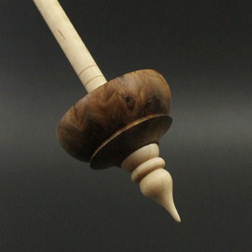 Tibetan style spindle in elm burl and curly maple