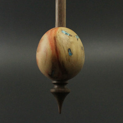 Egg bead spindle in flame box elder and walnut with turquoise inlay