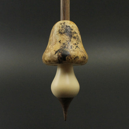 Mushroom support spindle in maple burl, holly, and walnut