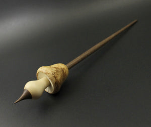 Mushroom support spindle in maple burl, holly, and walnut