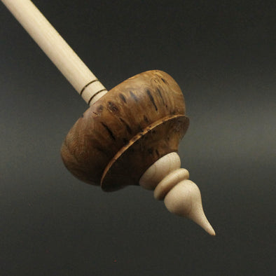 Tibetan style spindle in elm burl and curly maple