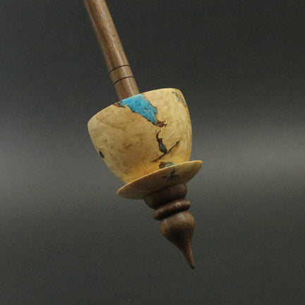 Teacup spindle in box elder burl and walnut with turquoise inlay