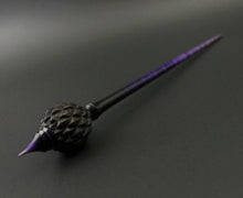 Load image into Gallery viewer, Dragon egg bead spindle in African blackwood and hand dyed curly maple