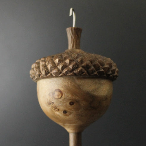 Acorn drop spindle in maple burl and walnut