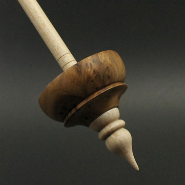 Tibetan style spindle in elm burl and curly maple