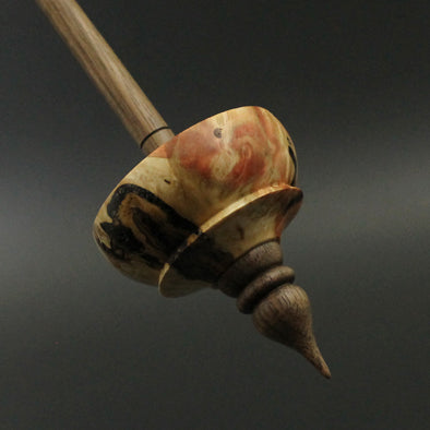 Tibetan style spindle in flame box elder burl and walnut