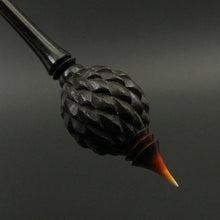 Load image into Gallery viewer, Dragon egg bead spindle in African blackwood and hand dyed curly maple
