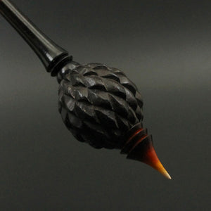 Dragon egg bead spindle in African blackwood and hand dyed curly maple