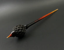 Load image into Gallery viewer, Dragon egg bead spindle in African blackwood and hand dyed curly maple