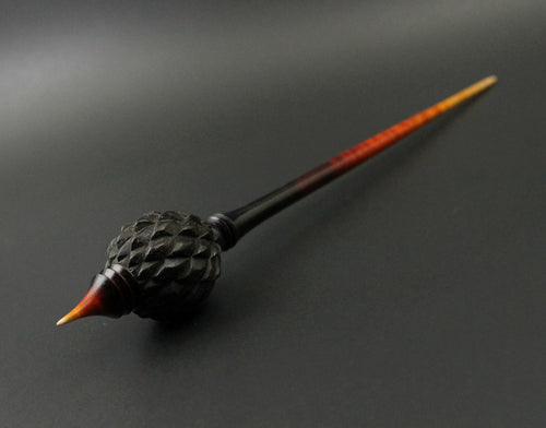 Dragon egg bead spindle in African blackwood and hand dyed curly maple