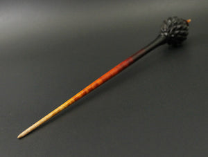 Dragon egg bead spindle in African blackwood and hand dyed curly maple