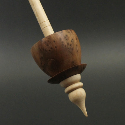 Teacup spindle in redwood lace burl and curly maple