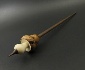 Mushroom support spindle in redbud burl, holly, and walnut