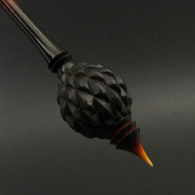 Load image into Gallery viewer, Dragon egg bead spindle in African blackwood and hand dyed curly maple