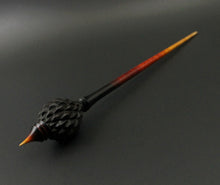 Load image into Gallery viewer, Dragon egg bead spindle in African blackwood and hand dyed curly maple