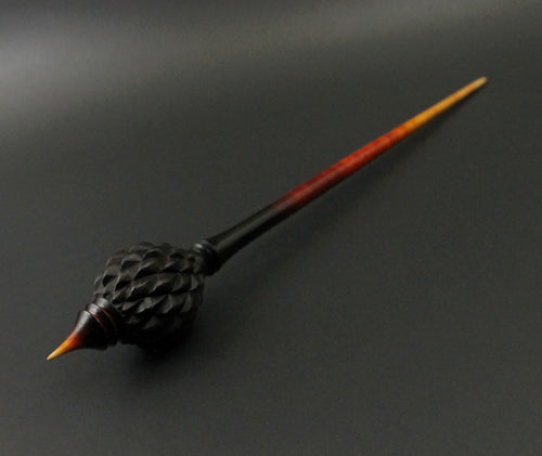 Dragon egg bead spindle in African blackwood and hand dyed curly maple