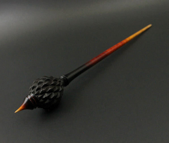 Dragon egg bead spindle in African blackwood and hand dyed curly maple