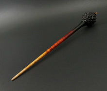 Load image into Gallery viewer, Dragon egg bead spindle in African blackwood and hand dyed curly maple