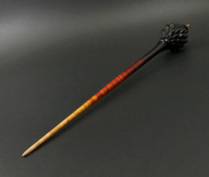 Dragon egg bead spindle in African blackwood and hand dyed curly maple
