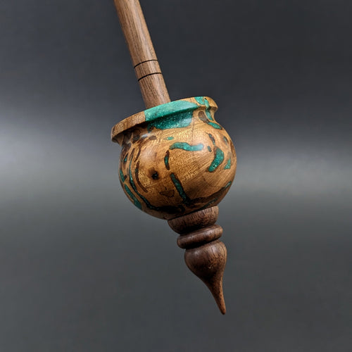 Cauldron spindle in redbud burl and walnut with malachite inlay (<font color=